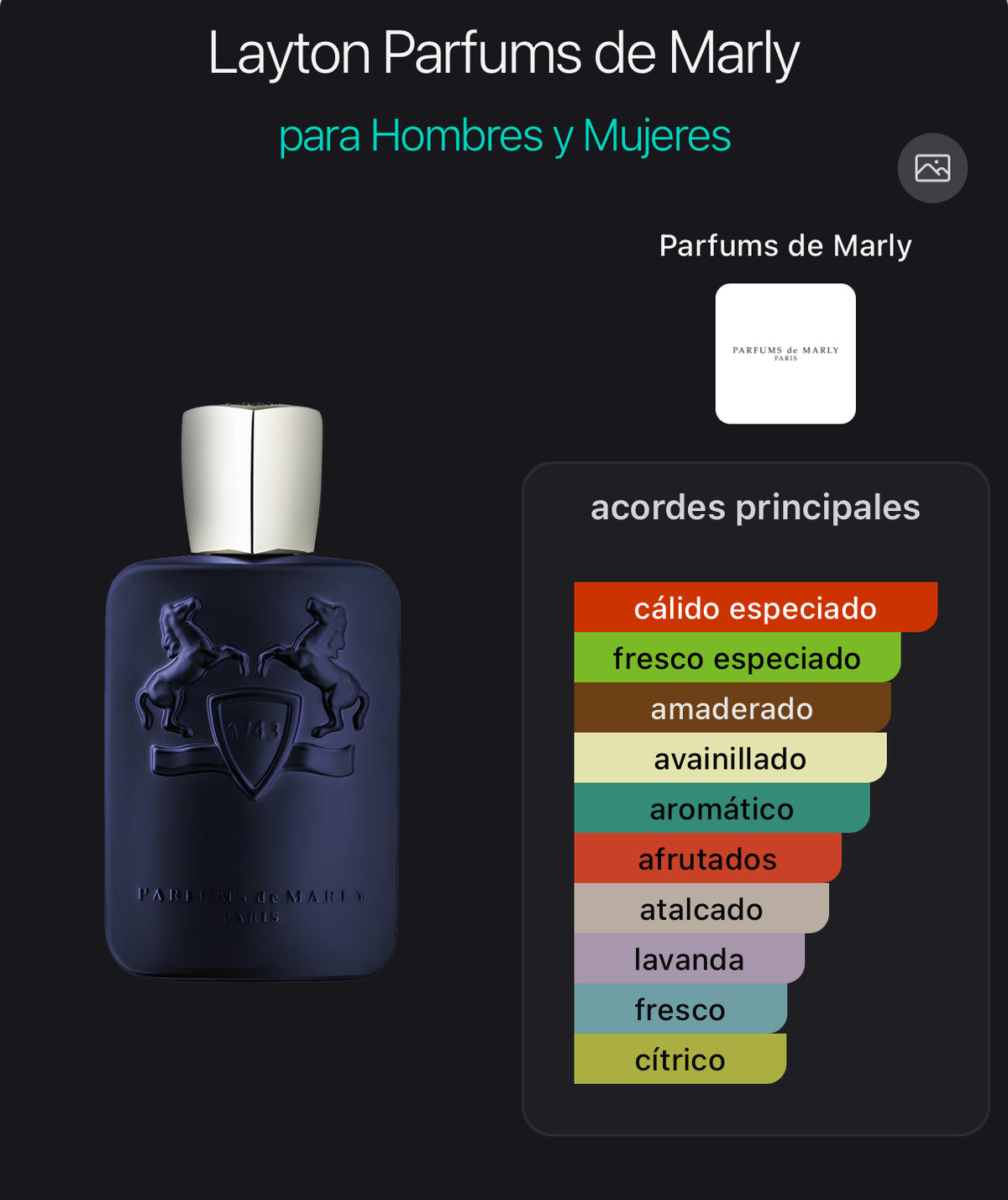 Acordes principales de Layton de Parfums de Marly