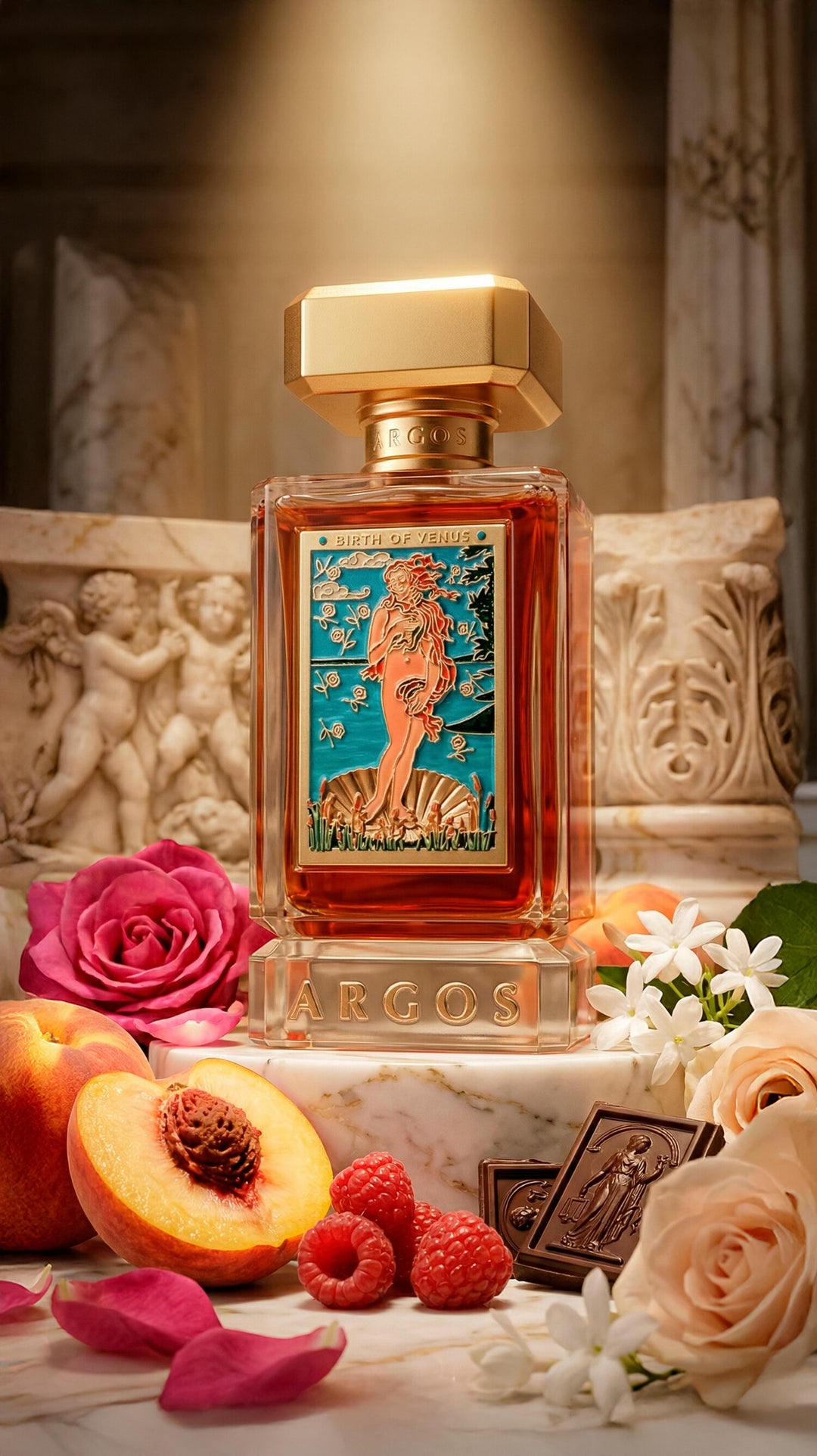 Birth of Venus de Argos sobre un pedestal con rosas y duraznos