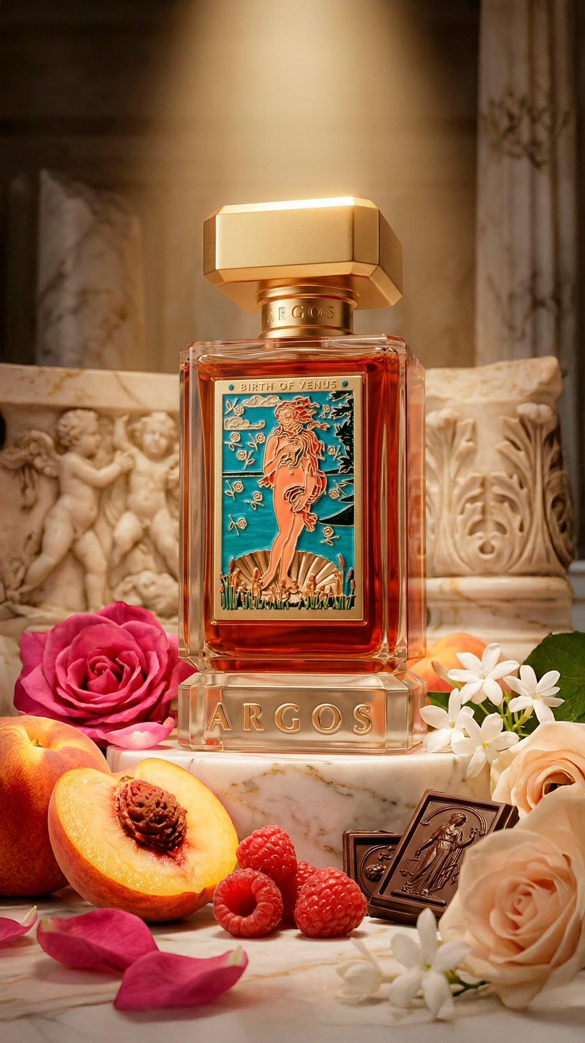 Birth of Venus de Argos sobre un pedestal con rosas y duraznos
