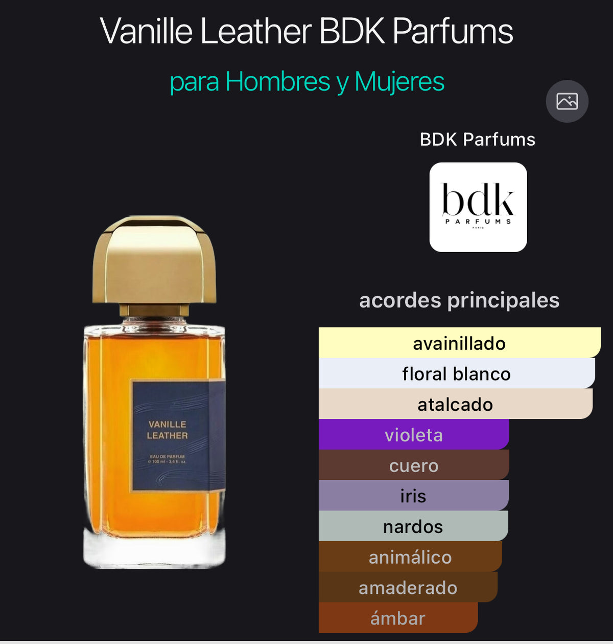 Acordes principales de Vanille Leather de BDK Parfums