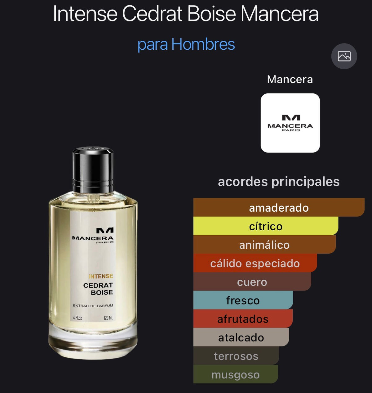 Acordes principales de Cedrat Boisé Intense de Mancera