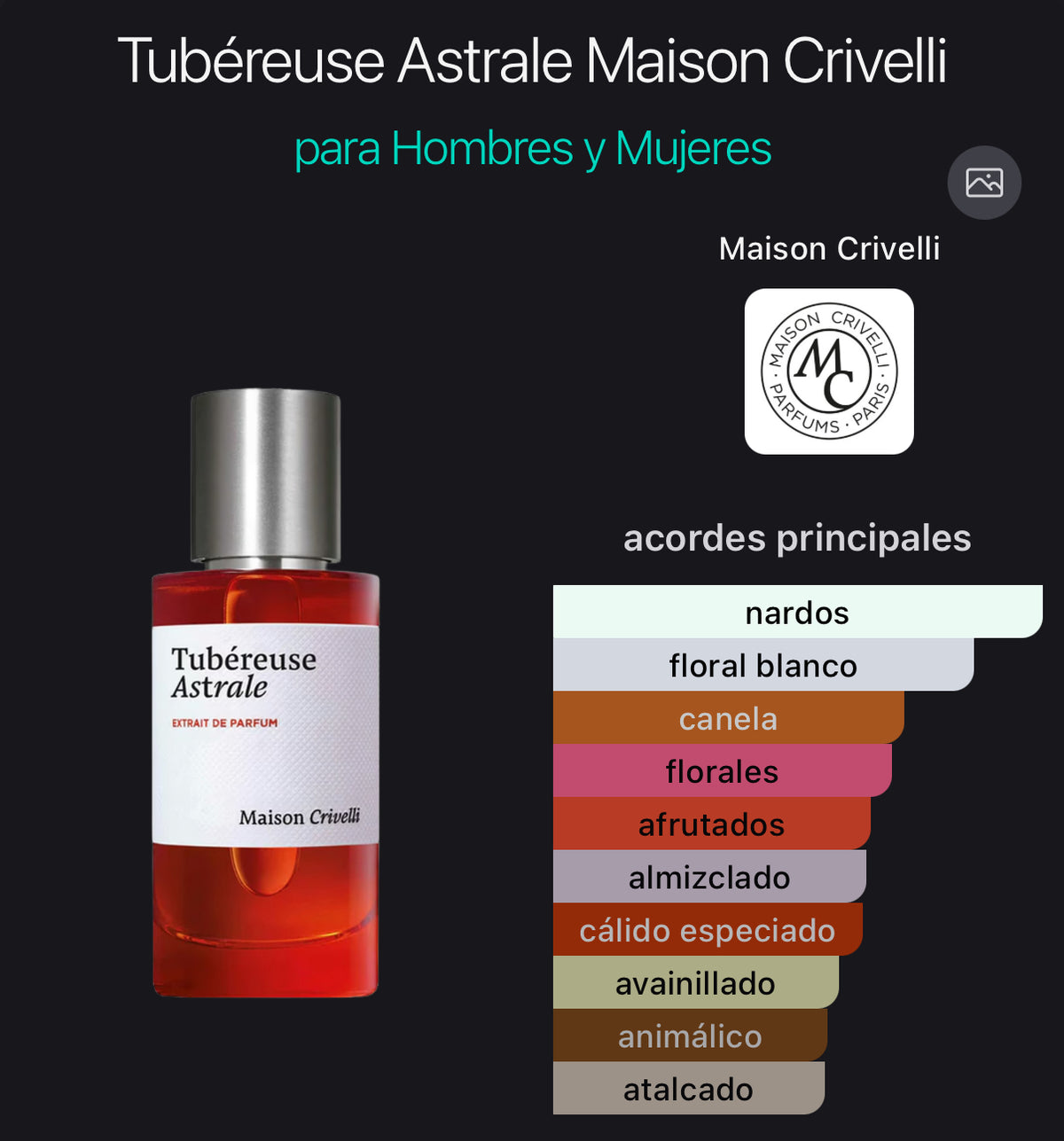 Acordes principales de Tubéreuse Astrale de Maison Crivelli