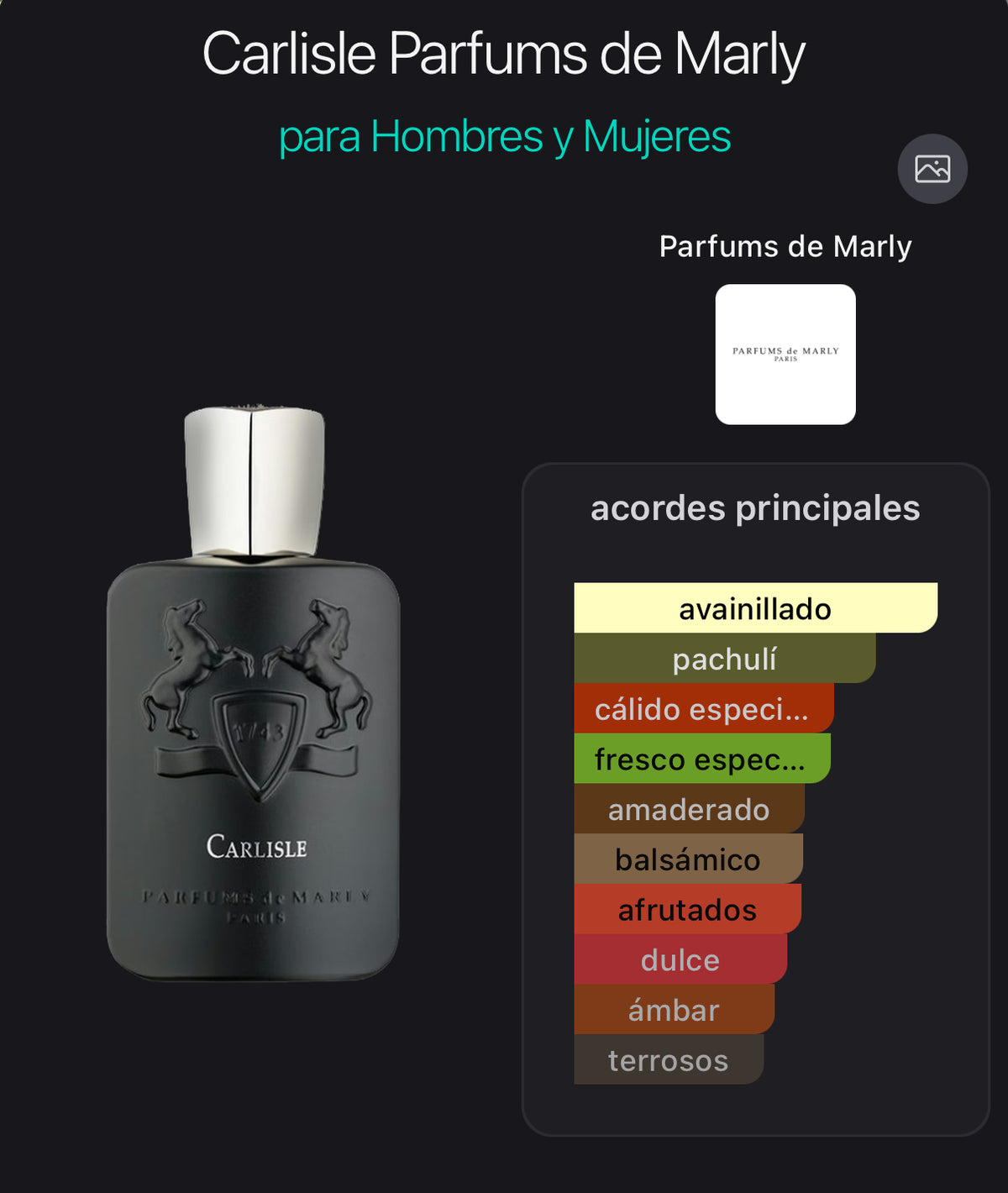 Acordes principales de Carlisle de Parfums de Marly