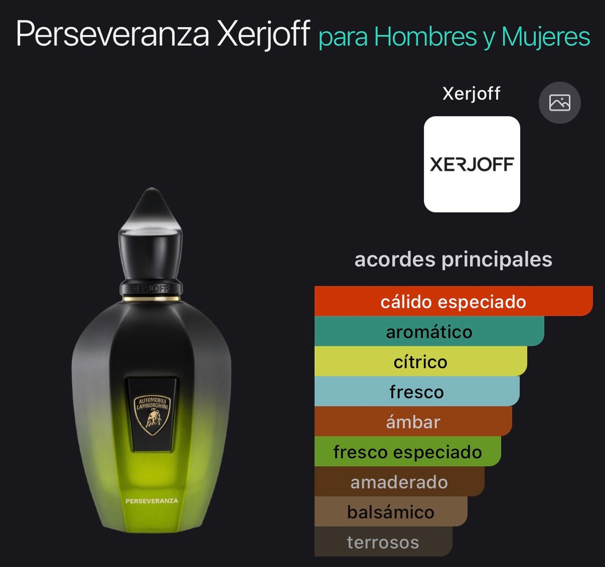Acordes principales de Perseveranza de Xerjoff x Lamborghini