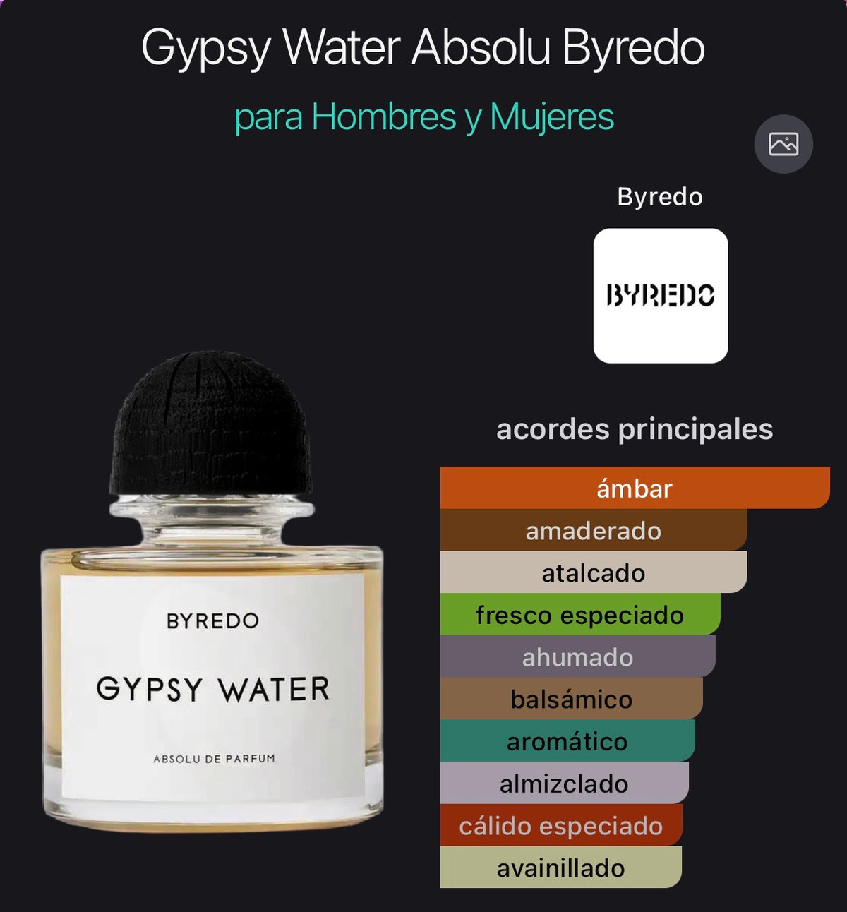 Acordes principales de Gypsy Water Absolu de Byredo