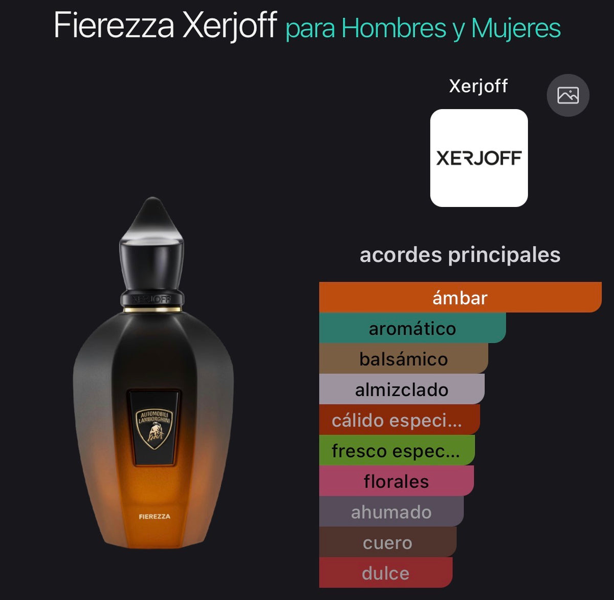 Acordes principales de Fierezza de Xerjoff x Lamborghini