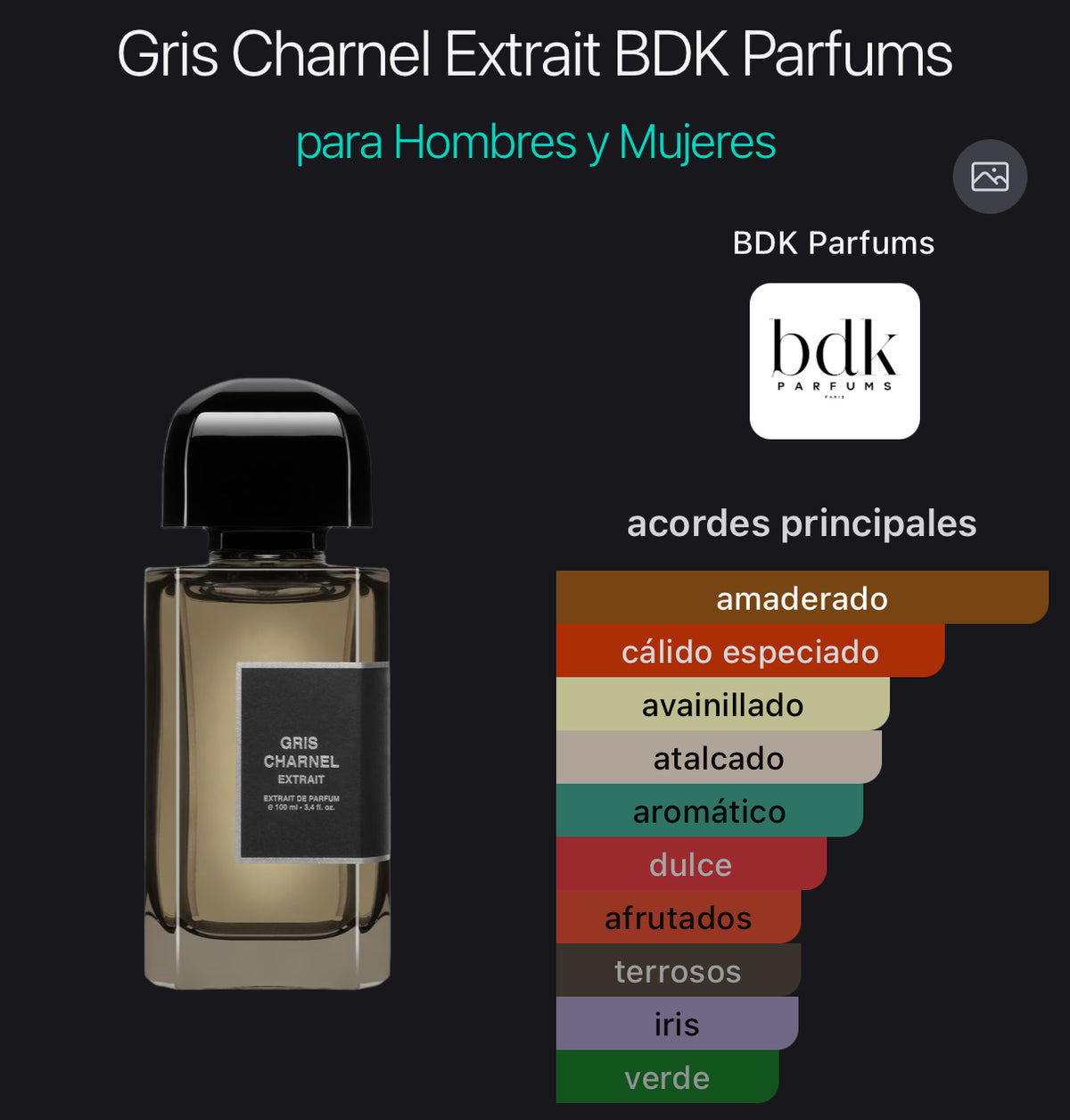 Acordes principales de Gris Charnel Extrait de BDK Parfums