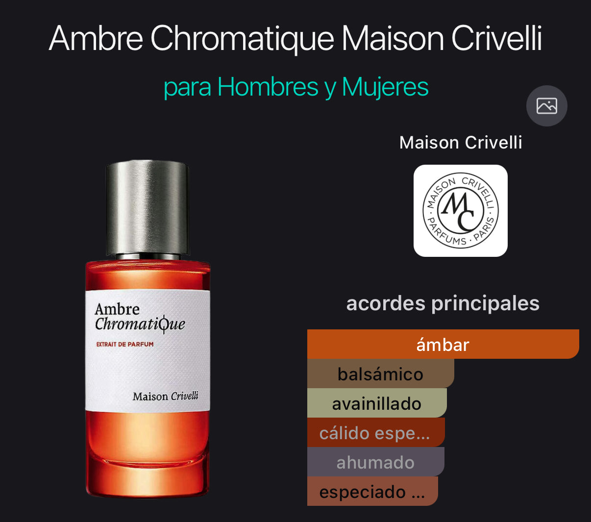 Ambre Chromatique Maison Crivelli Extrait de Parfum 50 ml (Preventa)