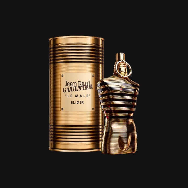 Le Male Elixir de Jean Paul Gaultier con frasco y lata
